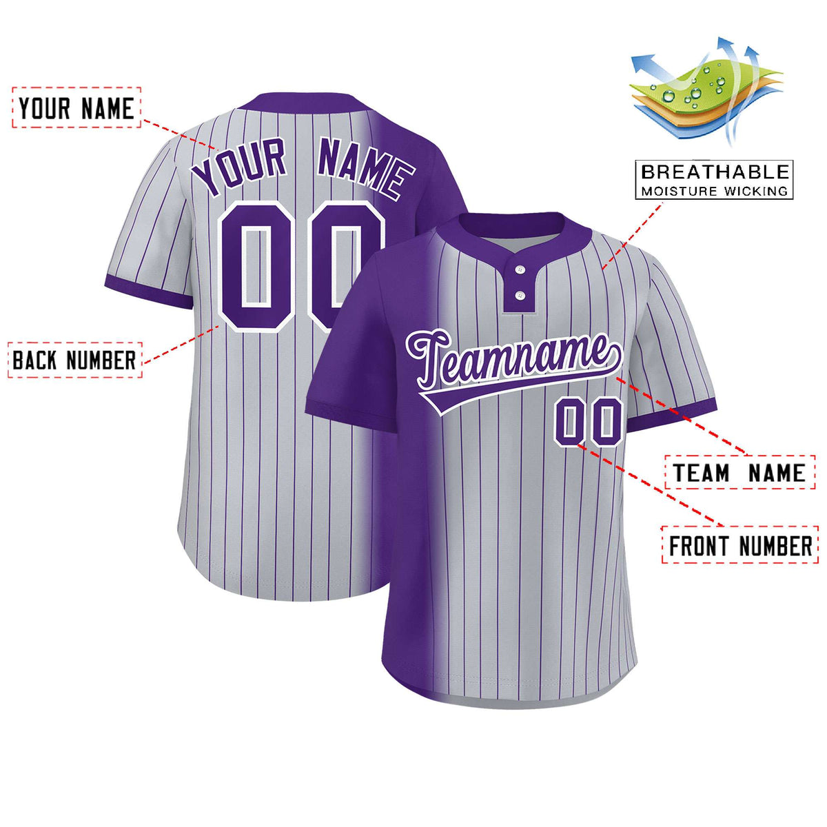 Custom Purple Gray Gradient Stripe Fashion Authentic Two-Button Softball Jersey