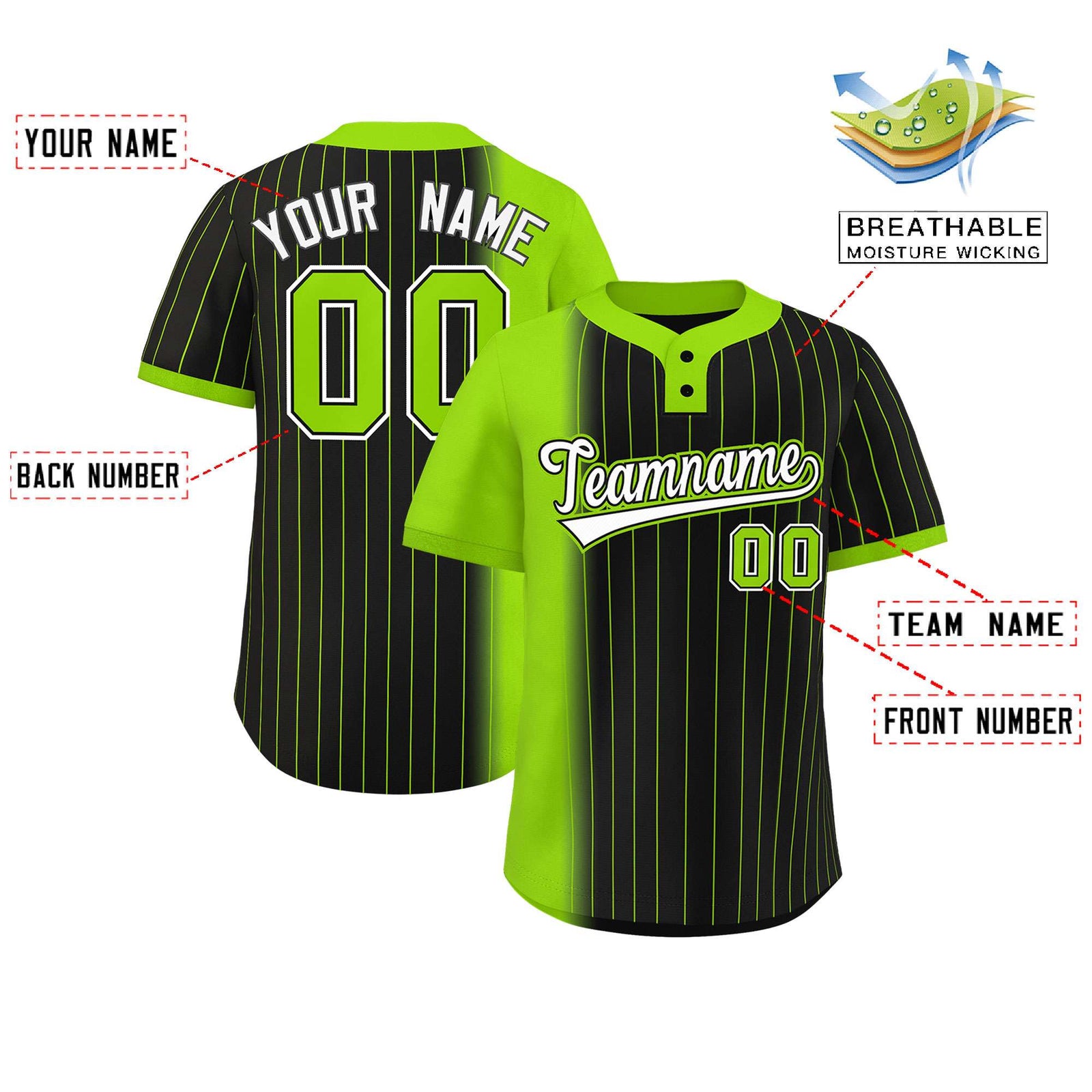 Custom Neon Green Black Gradient Stripe Fashion Authentic Two-Button Softball Jersey