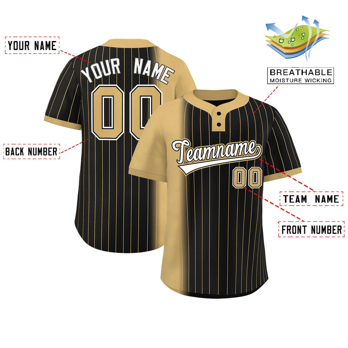 Custom Old Gold Black Gradient Stripe Fashion Authentic Two-Button Softball Jersey