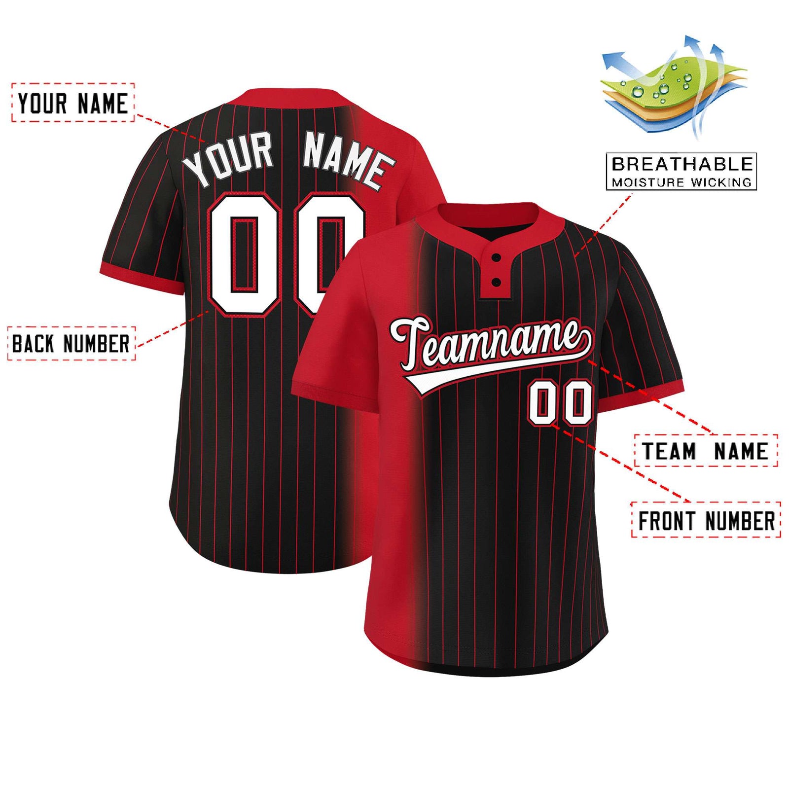 Custom Red Black Gradient Stripe Fashion Authentic Two-Button Softball Jersey