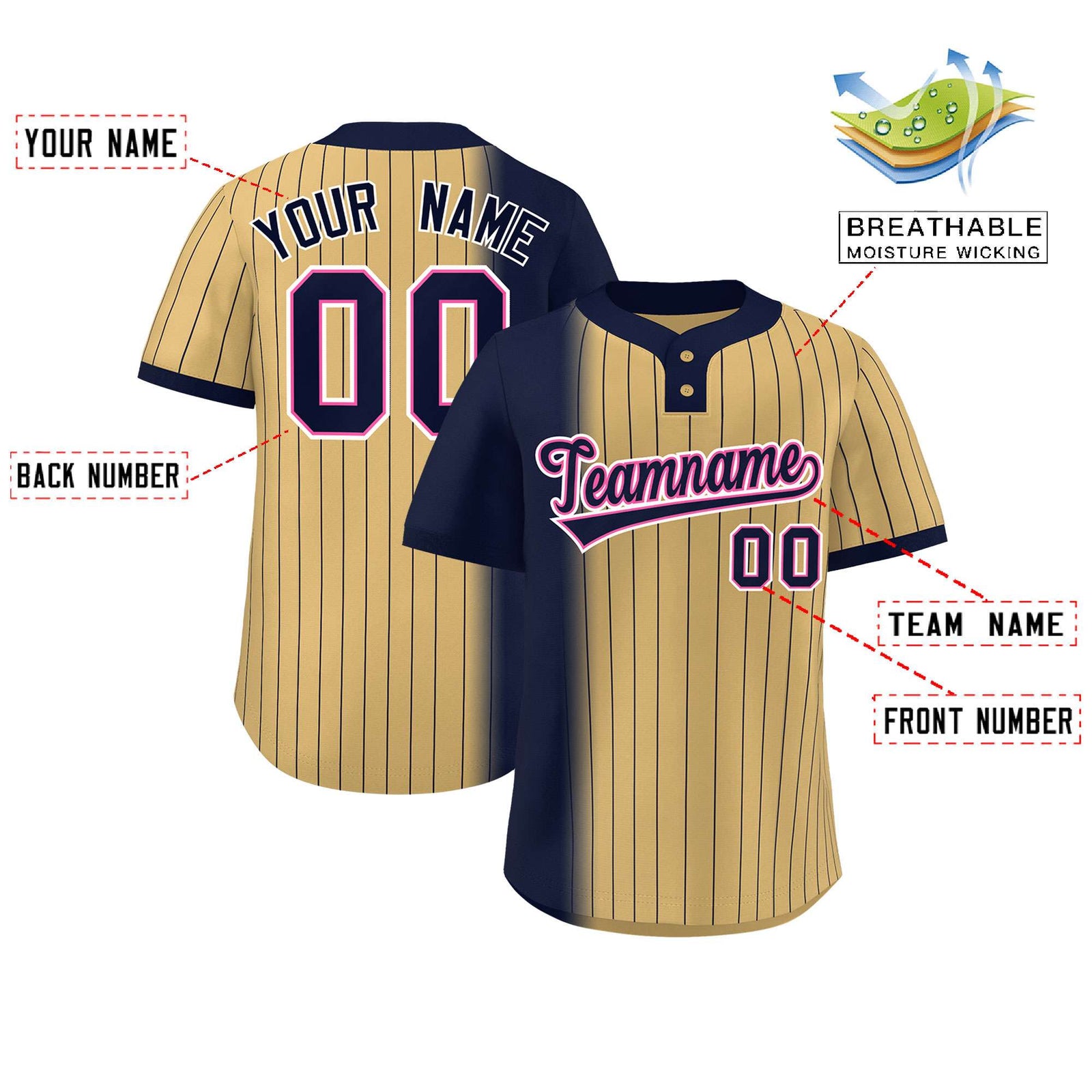 Custom Navy Old Gold Gradient Stripe Fashion Authentic Two-Button Softball Jersey