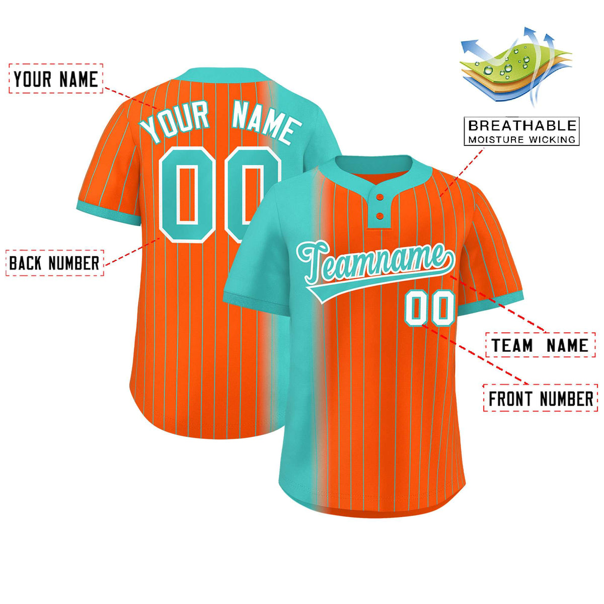 Custom Aqua Orange Gradient Stripe Fashion Authentic Two-Button Softball Jersey