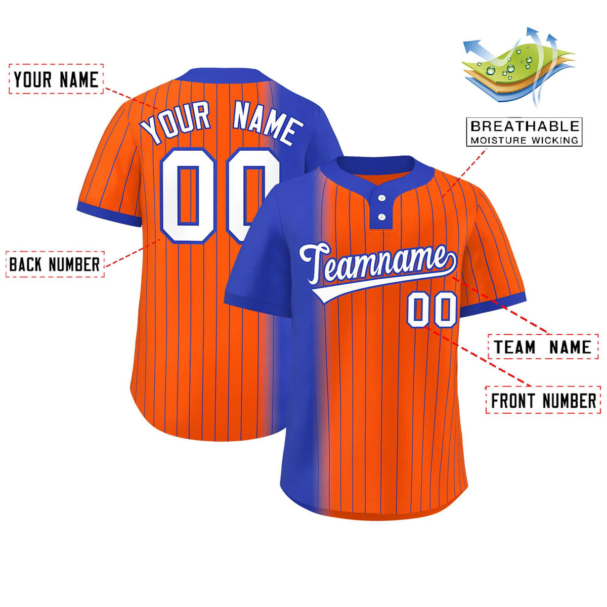 Custom Royal Orange Gradient Stripe Fashion Authentic Two-Button Softball Jersey