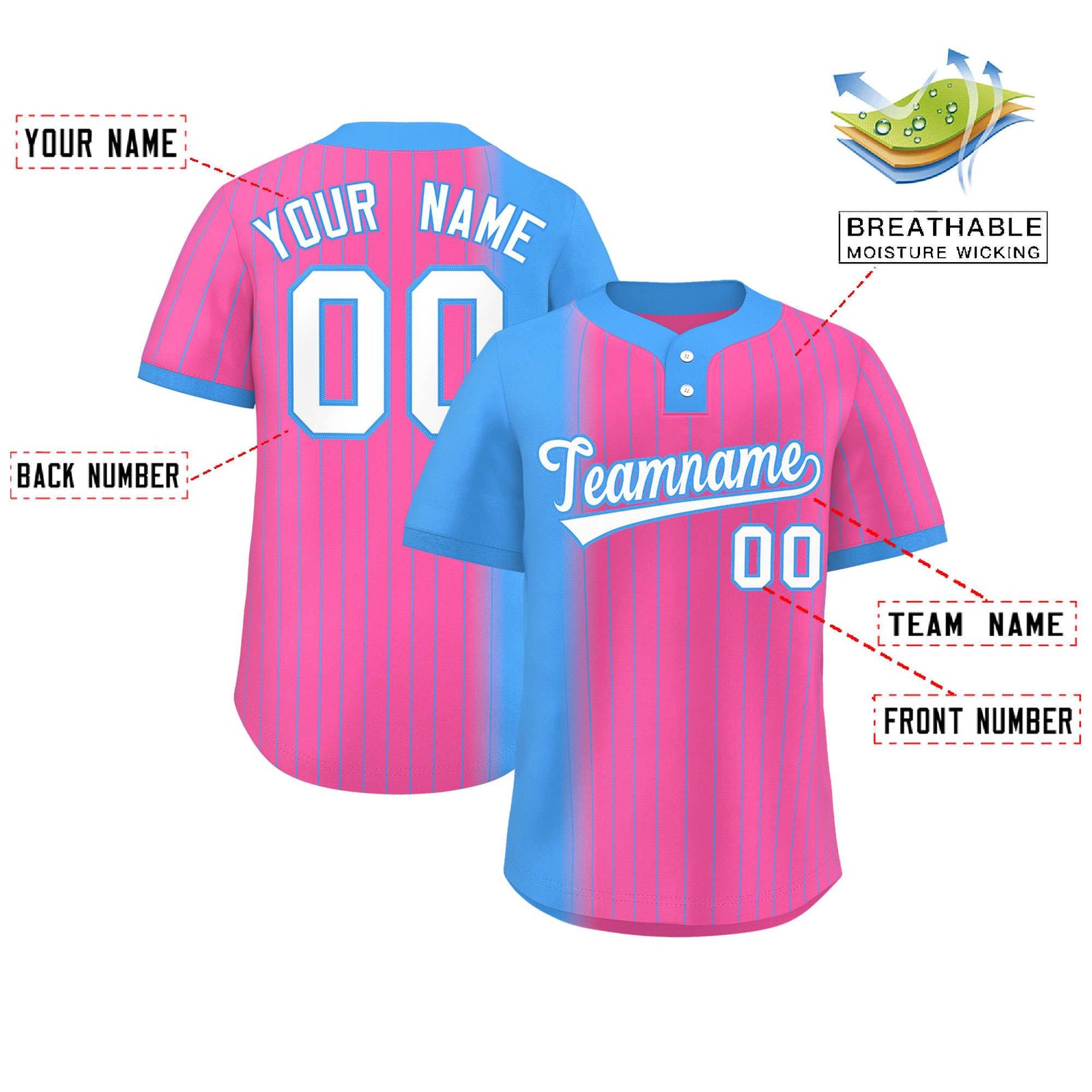 Custom Powder Blue Pink Gradient Stripe Fashion Authentic Two-Button Softball Jersey