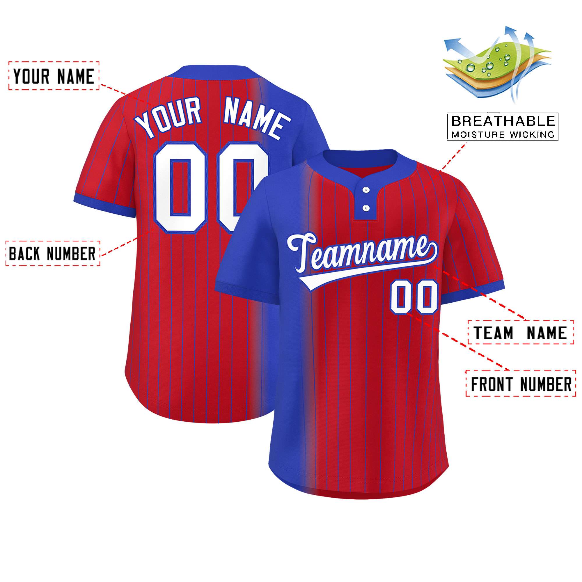 Custom Royal Red Gradient Stripe Fashion Authentic Two-Button Softball Jersey