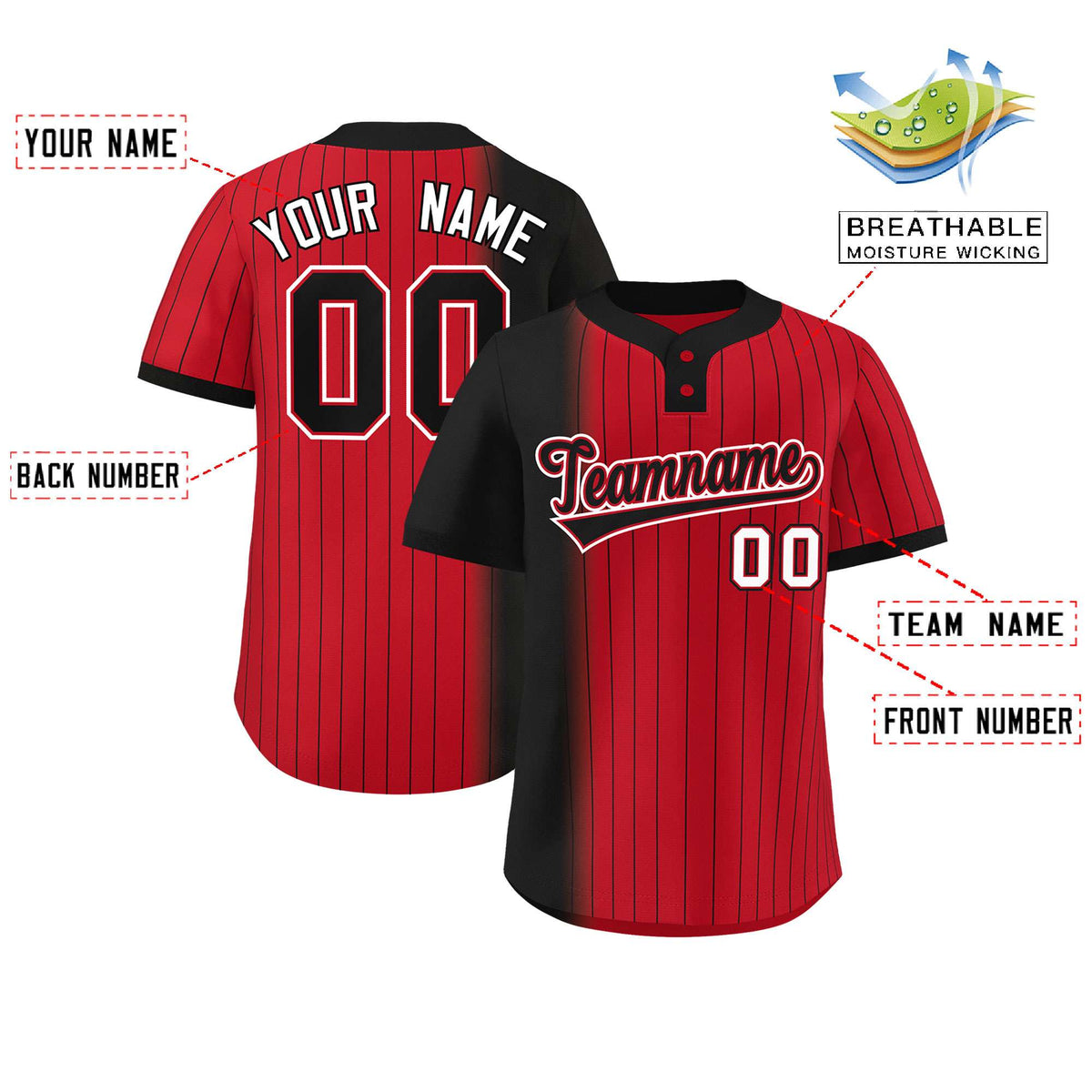 Custom Black Red Gradient Stripe Fashion Authentic Two-Button Softball Jersey