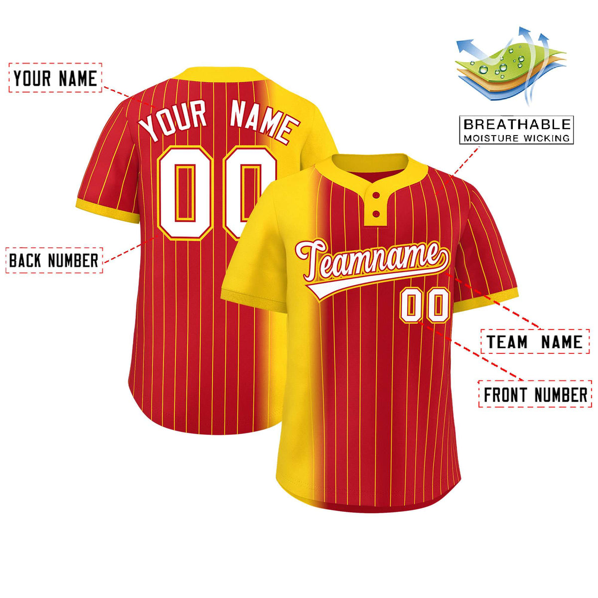 Custom Gold Red Gradient Stripe Fashion Authentic Two-Button Softball Jersey
