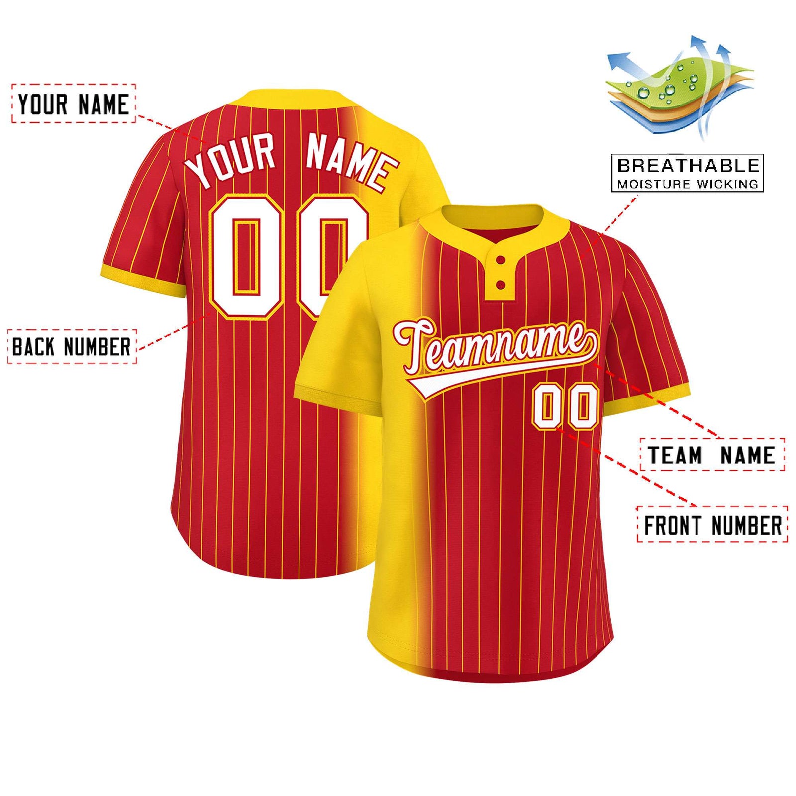 Custom Gold Red Gradient Stripe Fashion Authentic Two-Button Softball Jersey