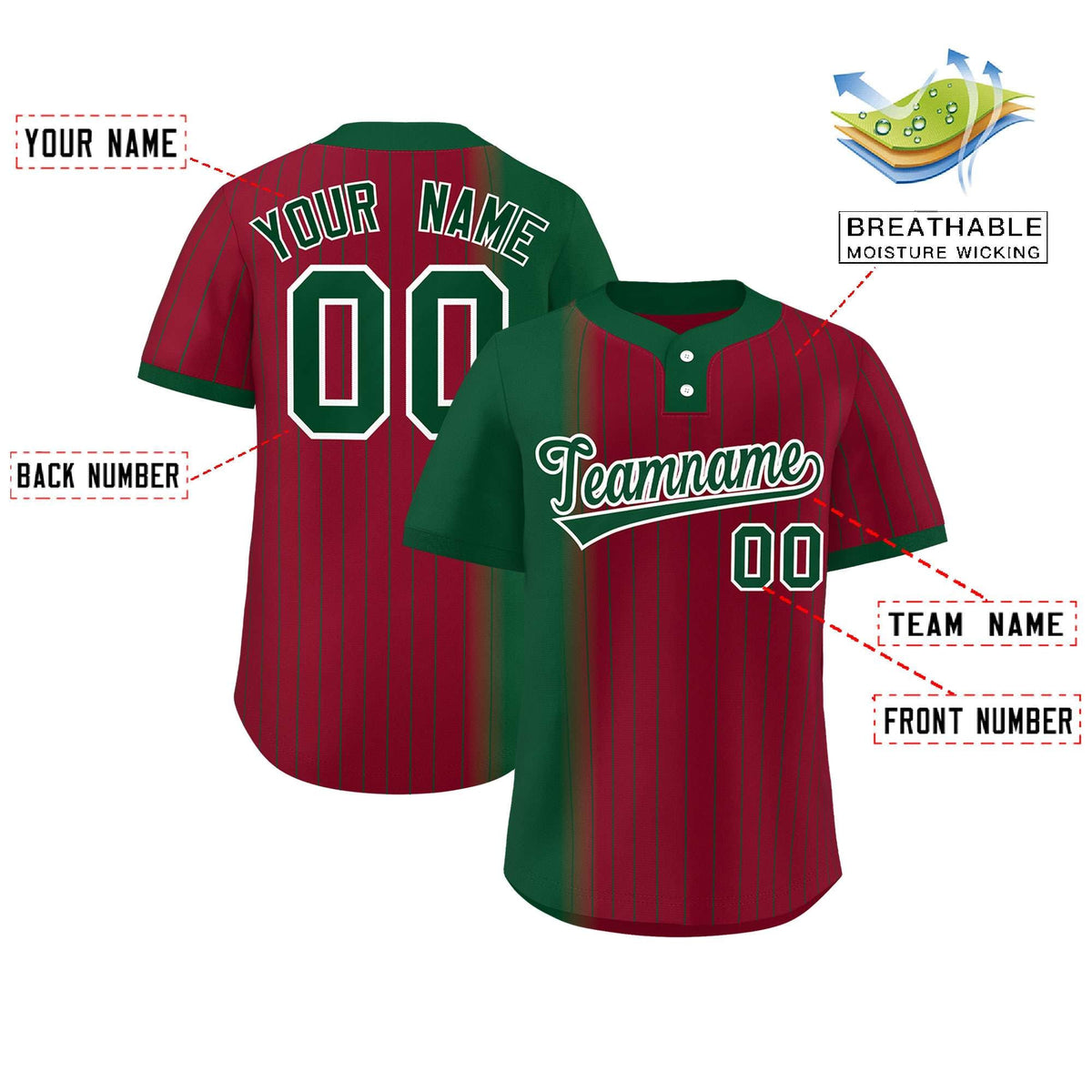 Custom Green Crimson Gradient Stripe Fashion Authentic Two-Button Softball Jersey