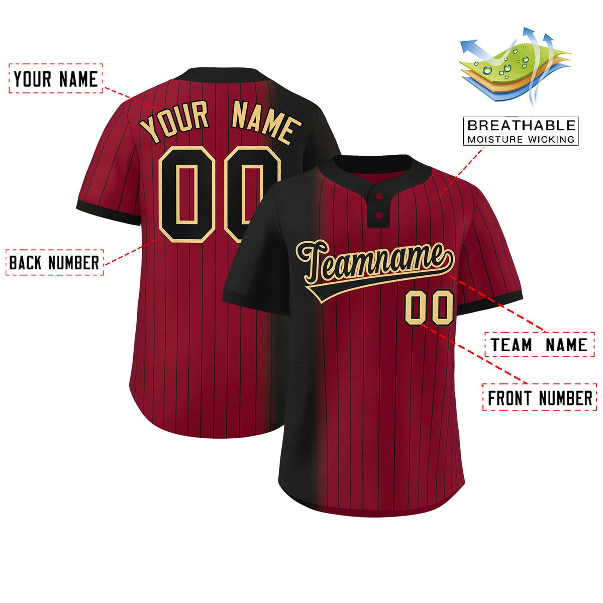 Custom Black Crimson Gradient Stripe Fashion Authentic Two-Button Softball Jersey