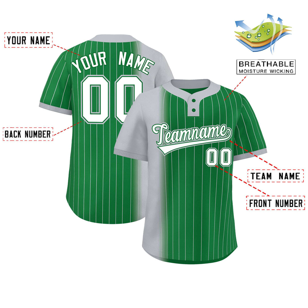 Custom Gray Kelly Green Gradient Stripe Fashion Authentic Two-Button Softball Jersey