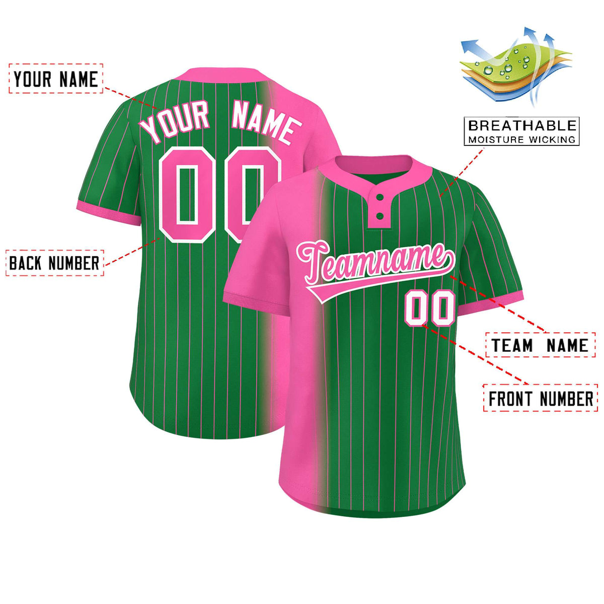 Custom Pink Kelly Green Gradient Stripe Fashion Authentic Two-Button Softball Jersey