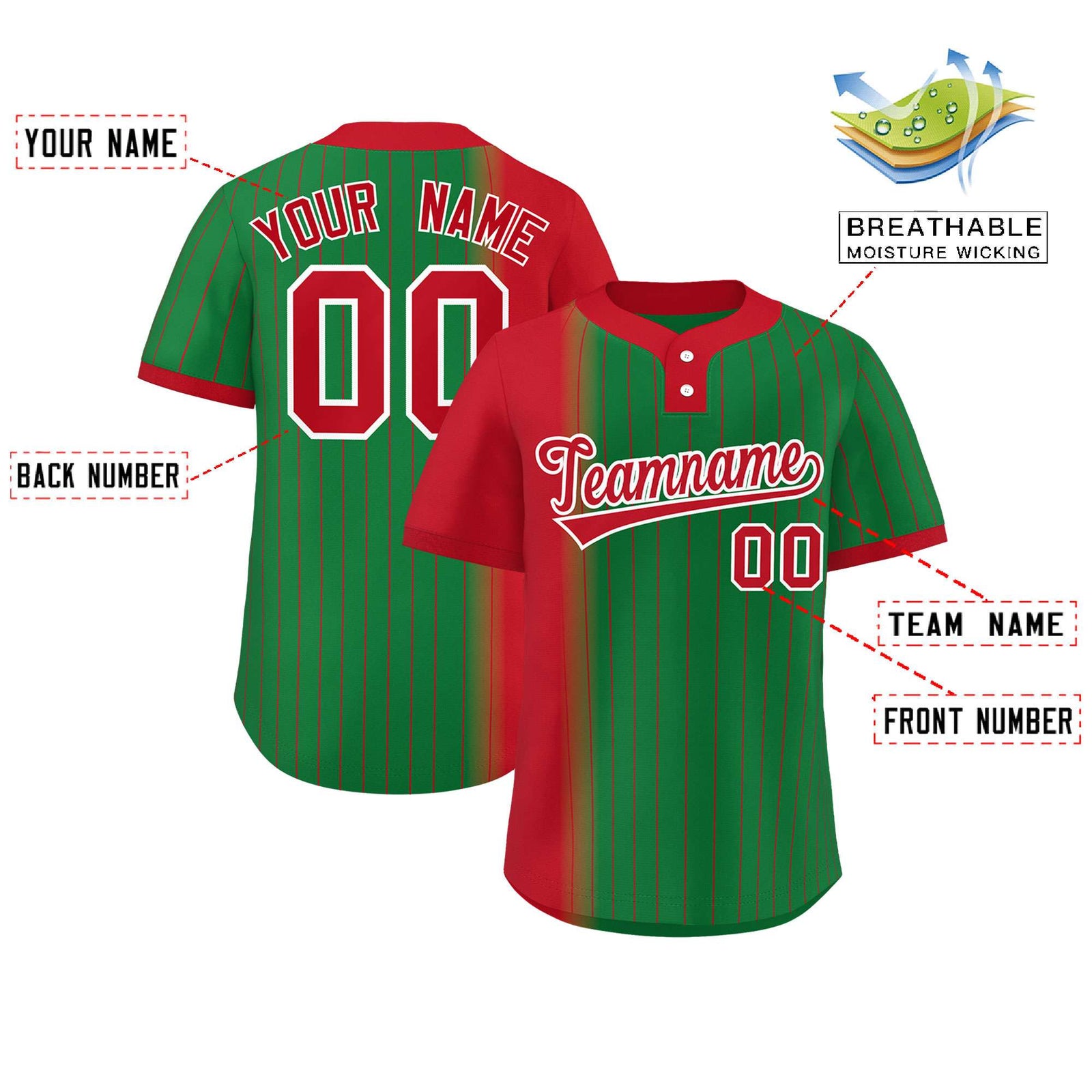 Custom Red Kelly Green Gradient Stripe Fashion Authentic Two-Button Softball Jersey