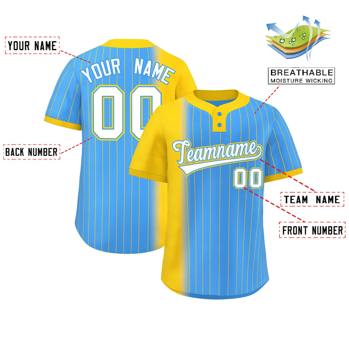 Custom Gold Powder Blue Gradient Stripe Fashion Authentic Two-Button Softball Jersey