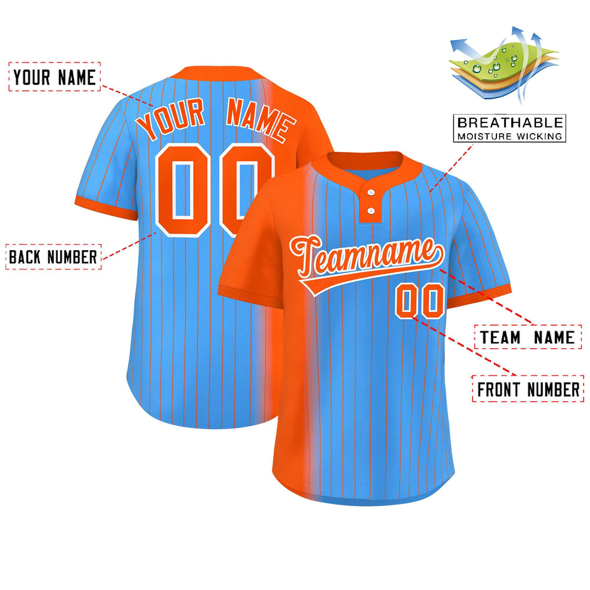 Custom Orange Powder Blue Gradient Stripe Fashion Authentic Two-Button Softball Jersey
