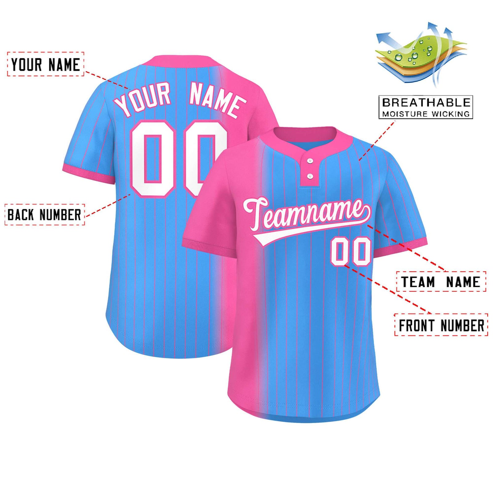 Custom Pink Powder Blue Gradient Stripe Fashion Authentic Two-Button Softball Jersey