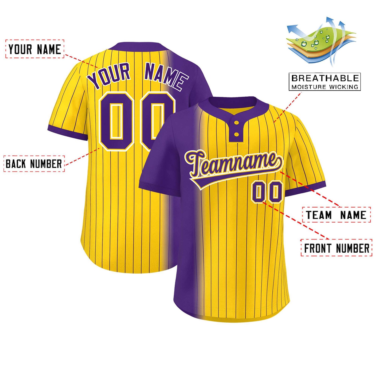 Custom Purple Gold Gradient Stripe Fashion Authentic Two-Button Softball Jersey