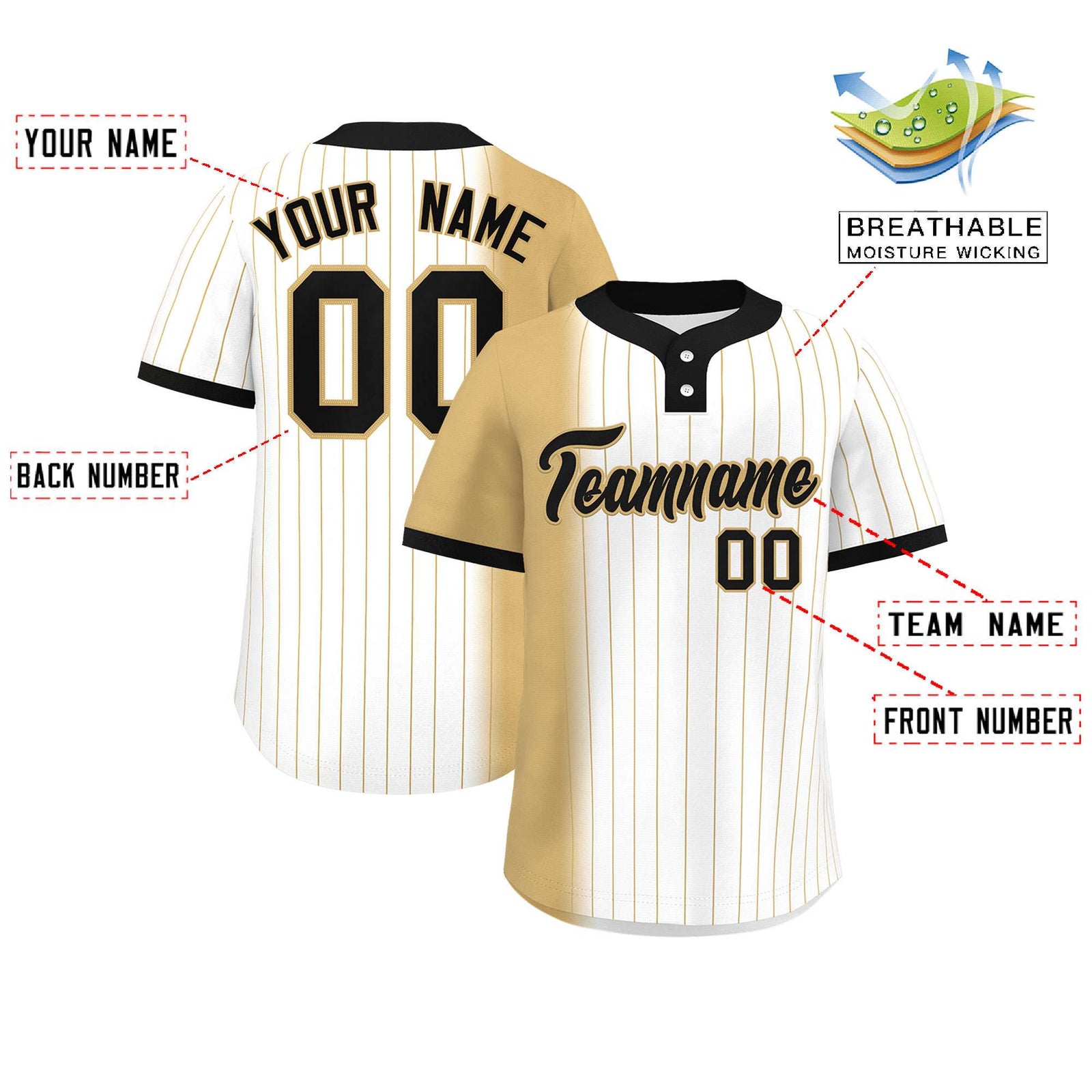 Custom Old Gold White-Black Gradient Stripe Fashion Authentic Two-Button Softball Jersey