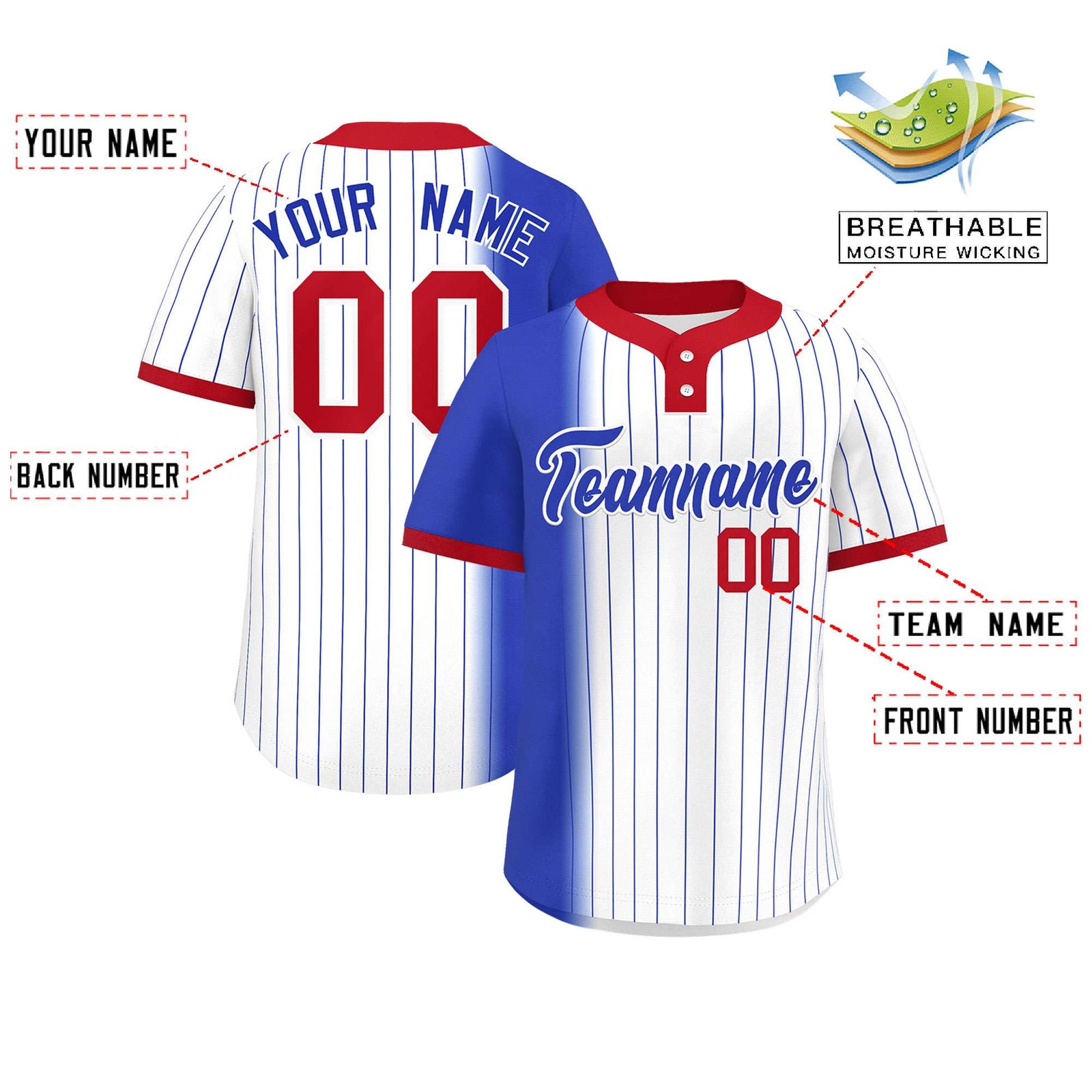 Custom Royal White-Red Gradient Stripe Fashion Authentic Two-Button Softball Jersey
