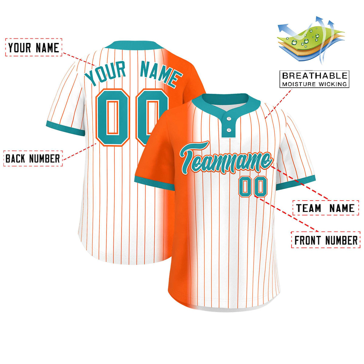 Custom Orange White-Aqua Gradient Stripe Fashion Authentic Two-Button Softball Jersey