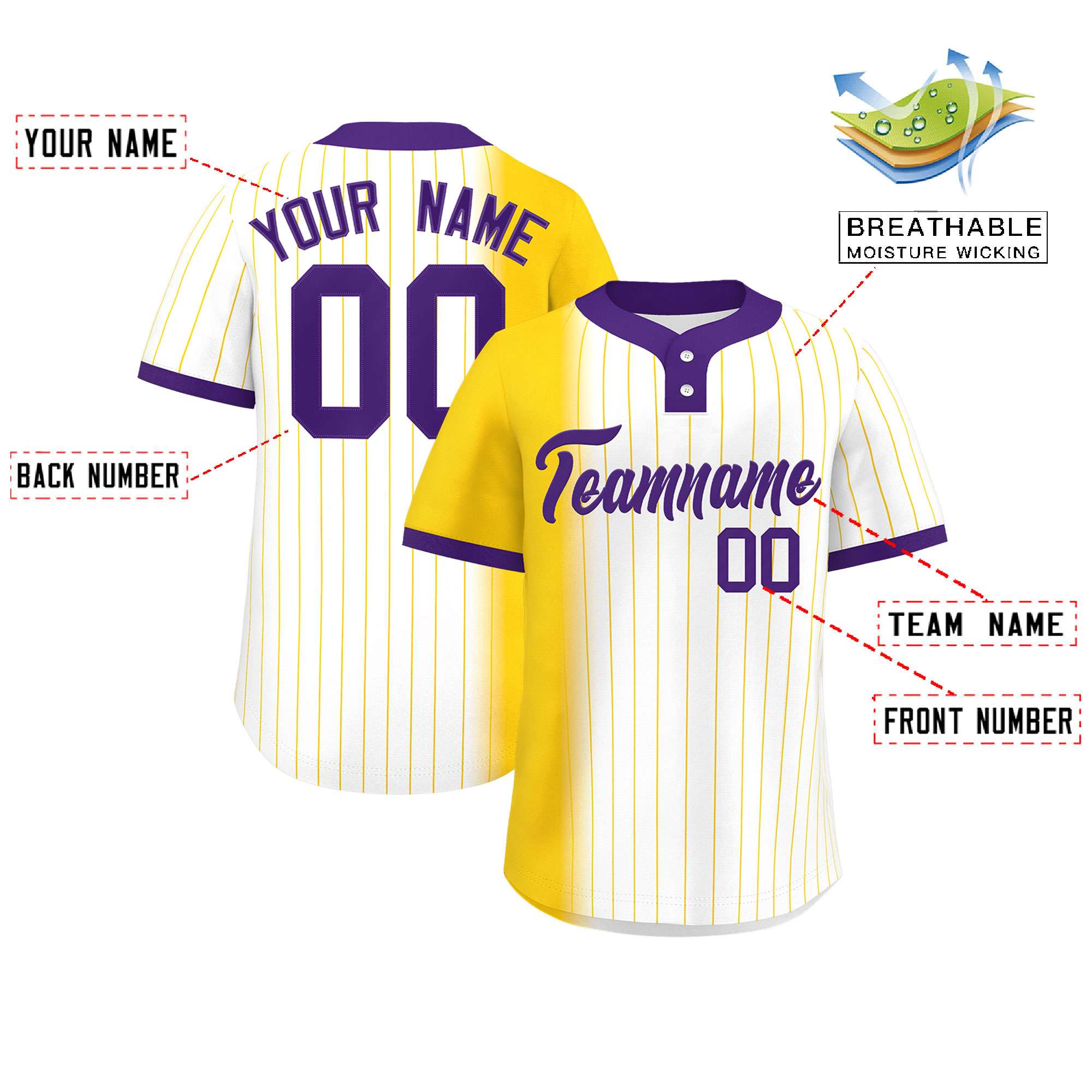 Custom Gold White-Purple Gradient Stripe Fashion Authentic Two-Button Softball Jersey