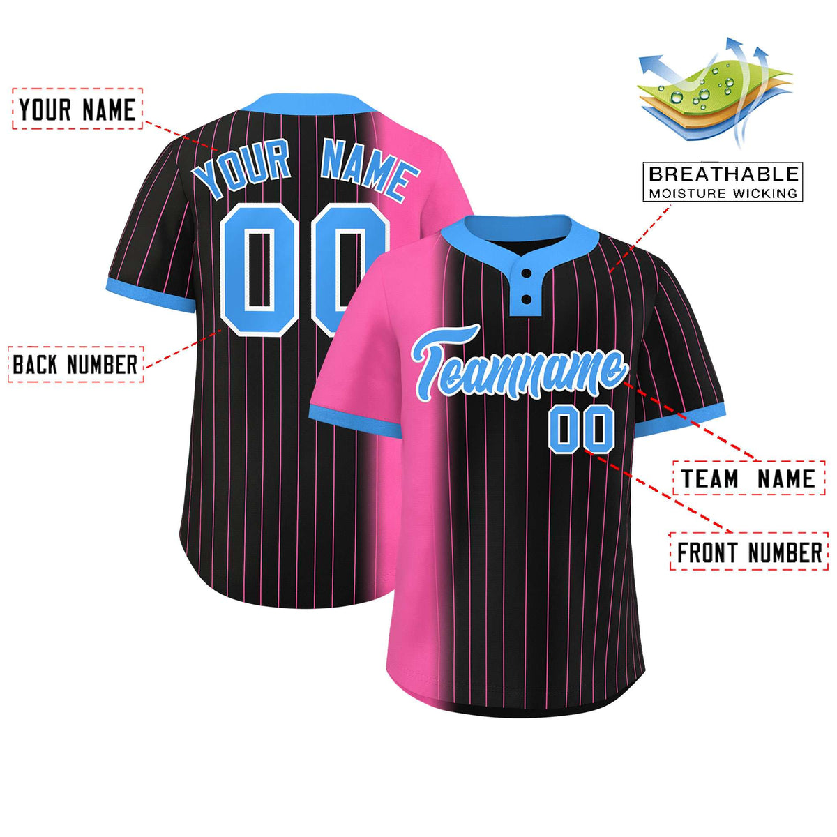 Custom Pink Black-Powder Blue Gradient Stripe Fashion Authentic Two-Button Softball Jersey