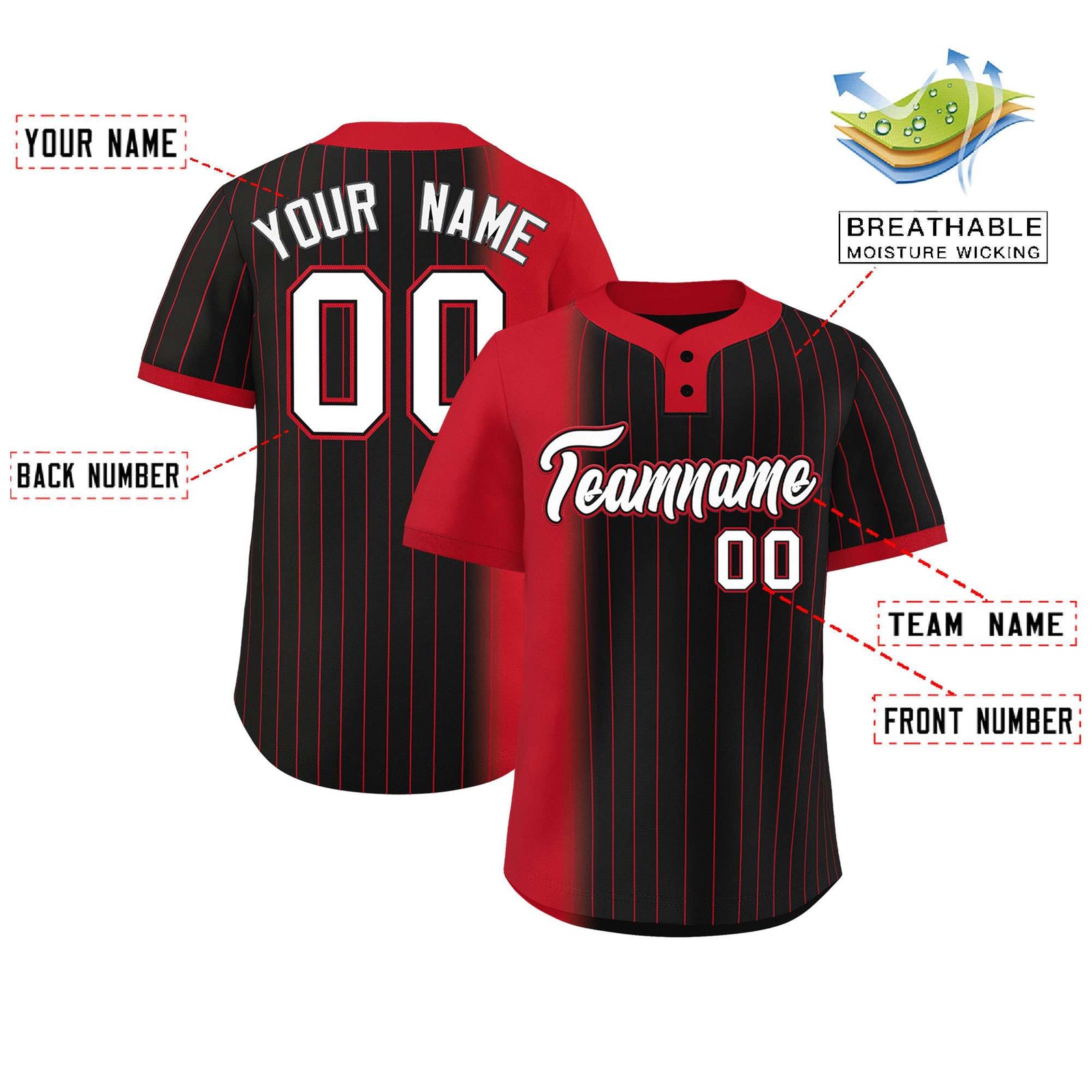 Custom Red Black Gradient Stripe Fashion Authentic Two-Button Softball Jersey