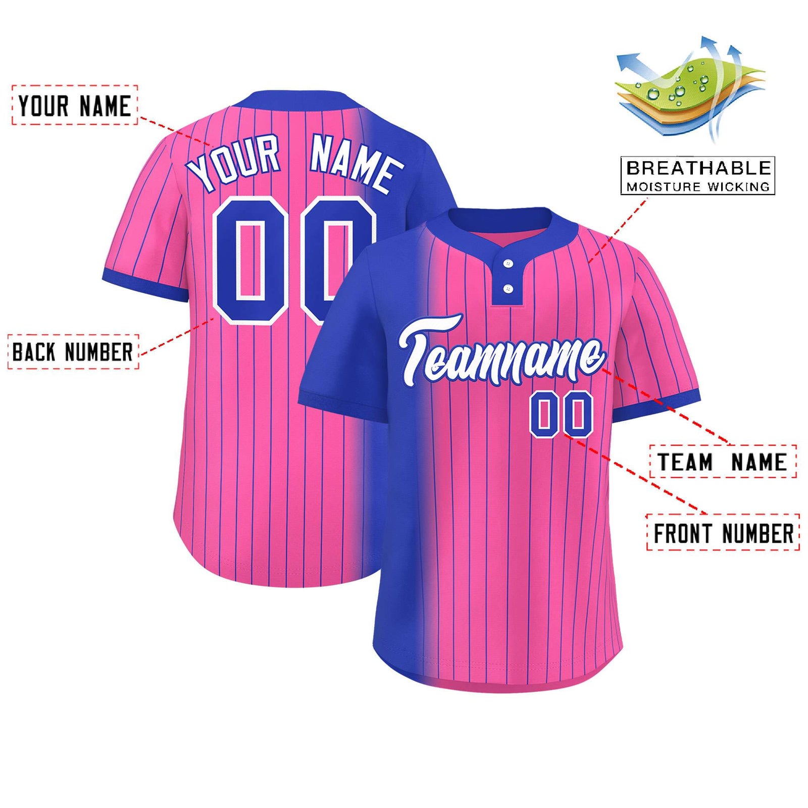 Custom Royal Pink Gradient Stripe Fashion Authentic Two-Button Softball Jersey