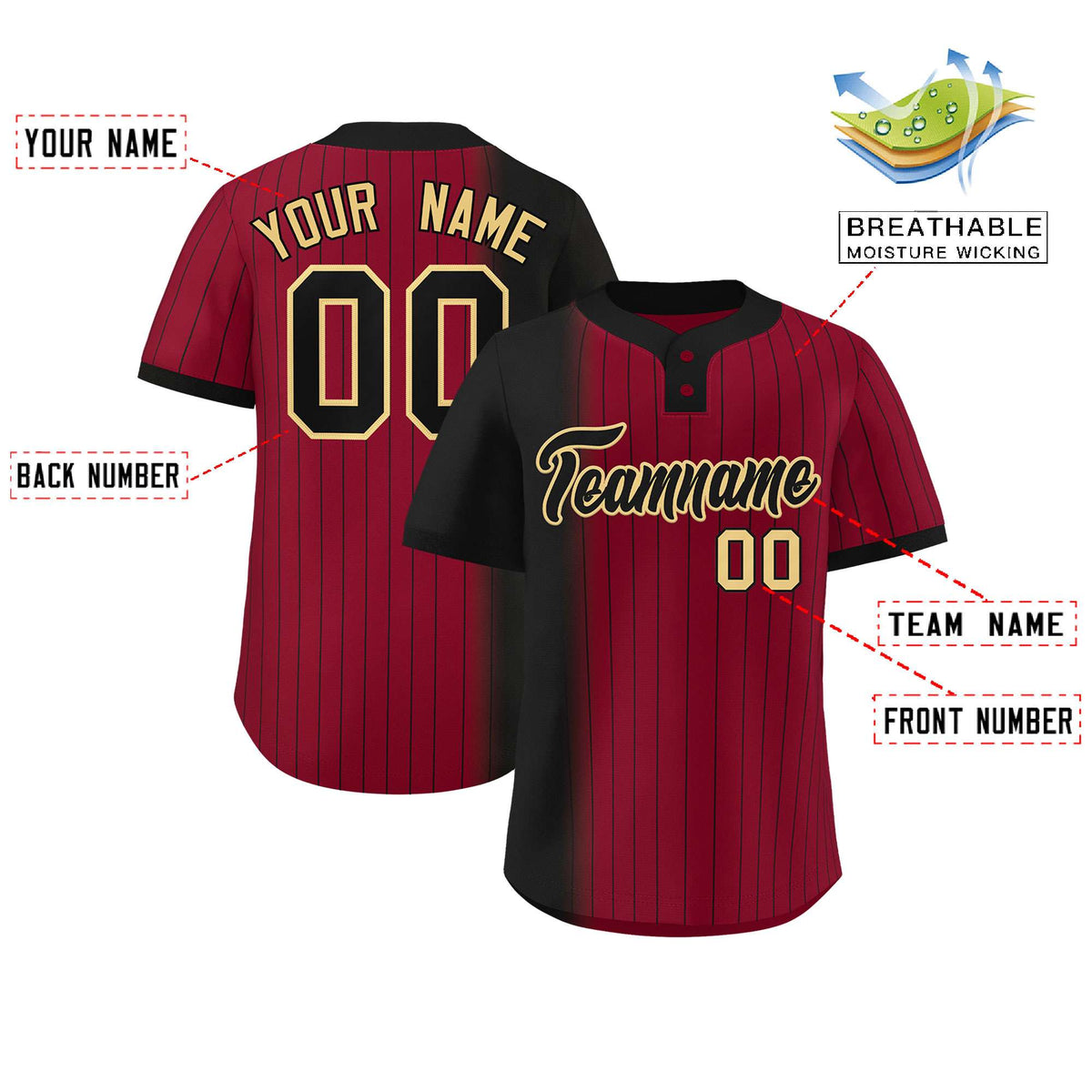 Custom Black Crimson Gradient Stripe Fashion Authentic Two-Button Softball Jersey