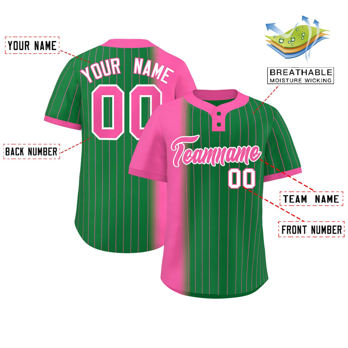 Custom Pink Kelly Green Gradient Stripe Fashion Authentic Two-Button Softball Jersey