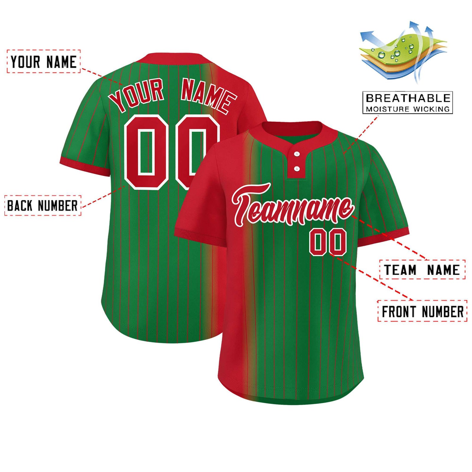 Custom Red Kelly Green Gradient Stripe Fashion Authentic Two-Button Softball Jersey