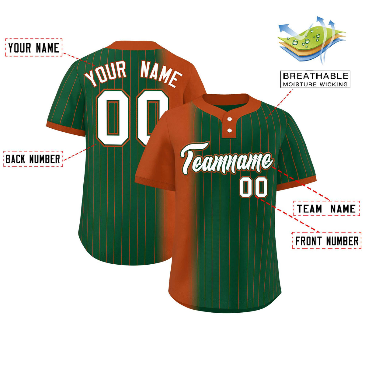 Custom Texas Orange Green Gradient Stripe Fashion Authentic Two-Button Softball Jersey