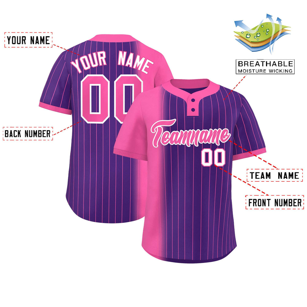 Custom Pink Purple Gradient Stripe Fashion Authentic Two-Button Softball Jersey