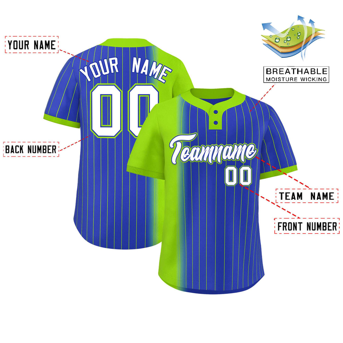 Custom Neon Green Royal Gradient Stripe Fashion Authentic Two-Button Softball Jersey