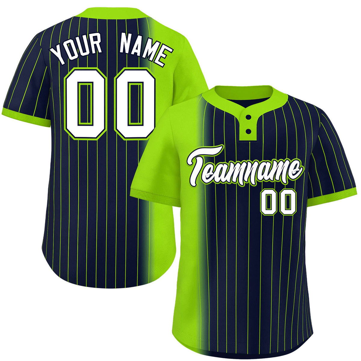 Custom Neon Green Navy Gradient Stripe Fashion Authentic Two-Button Softball Jersey