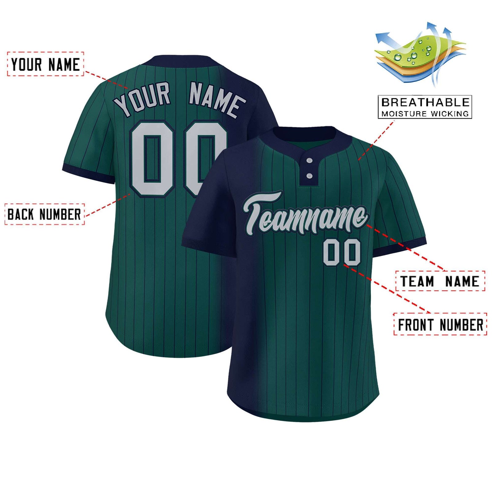 Custom Navy Midnight Green Gradient Stripe Fashion Authentic Two-Button Softball Jersey