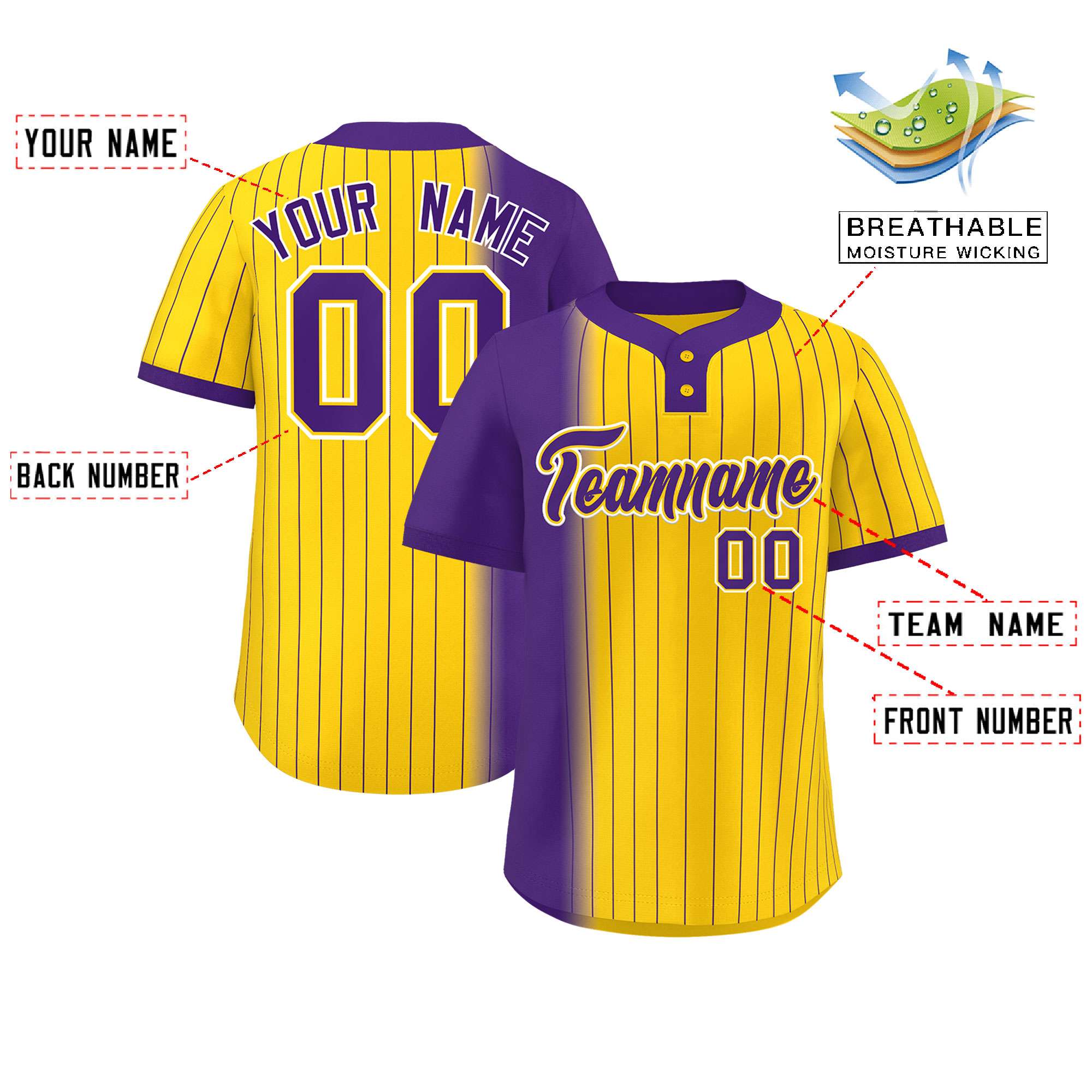 Custom Purple Gold Gradient Stripe Fashion Authentic Two-Button Softball Jersey