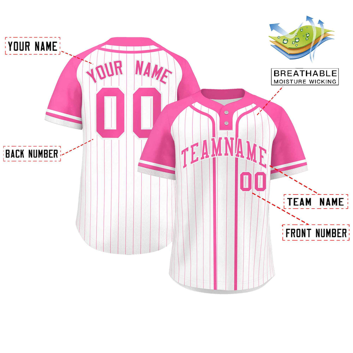 Custom White Pink Stripe Fashion Raglan Sleeves Authentic Two-Button Softball Jersey