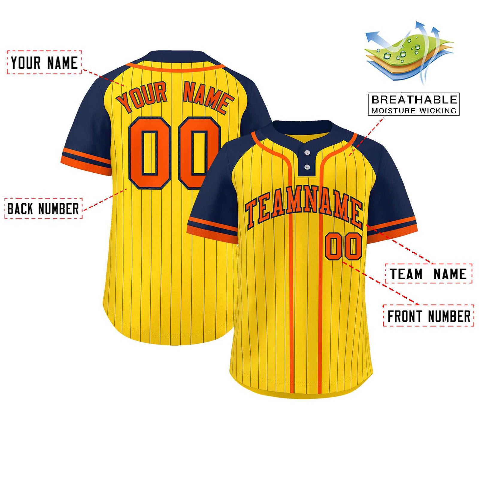 Custom Gold Navy-Orange Stripe Fashion Raglan Sleeves Authentic Two-Button Softball Jersey