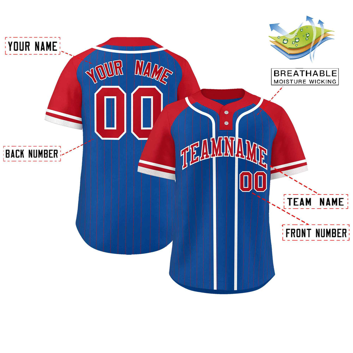 Custom Royal Red-White Stripe Fashion Raglan Sleeves Authentic Two-Button Softball Jersey