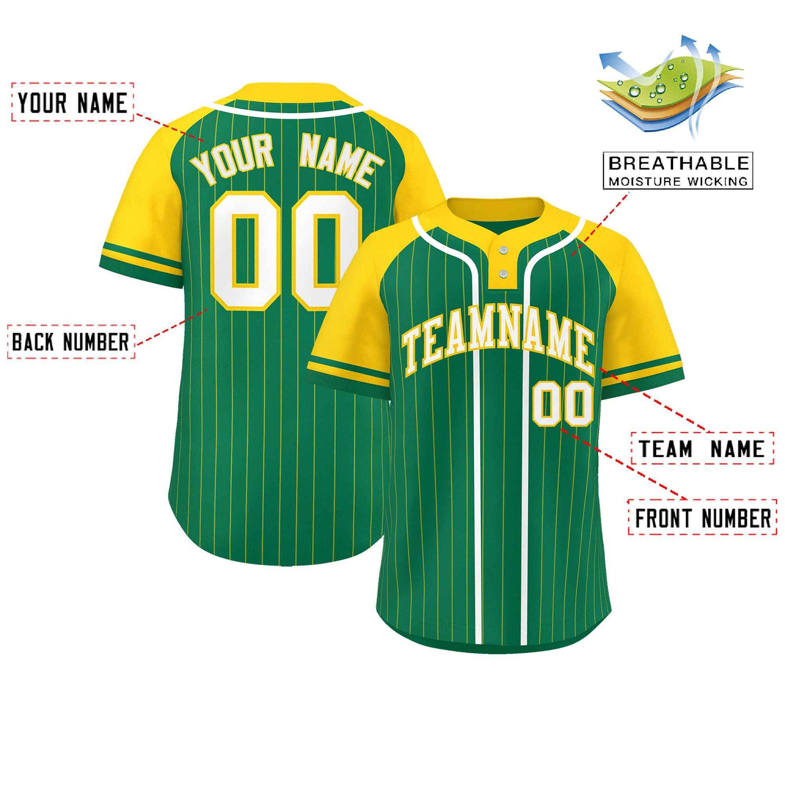 Custom Kelly Green Gold-White Stripe Fashion Raglan Sleeves Authentic Two-Button Softball Jersey