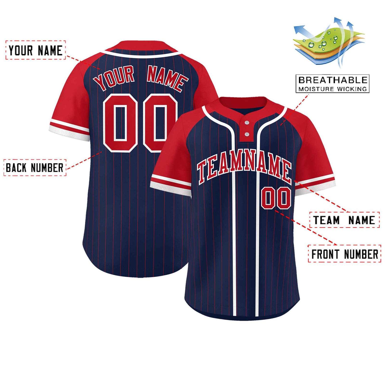 Custom Navy Red-White Stripe Fashion Raglan Sleeves Authentic Two-Button Softball Jersey