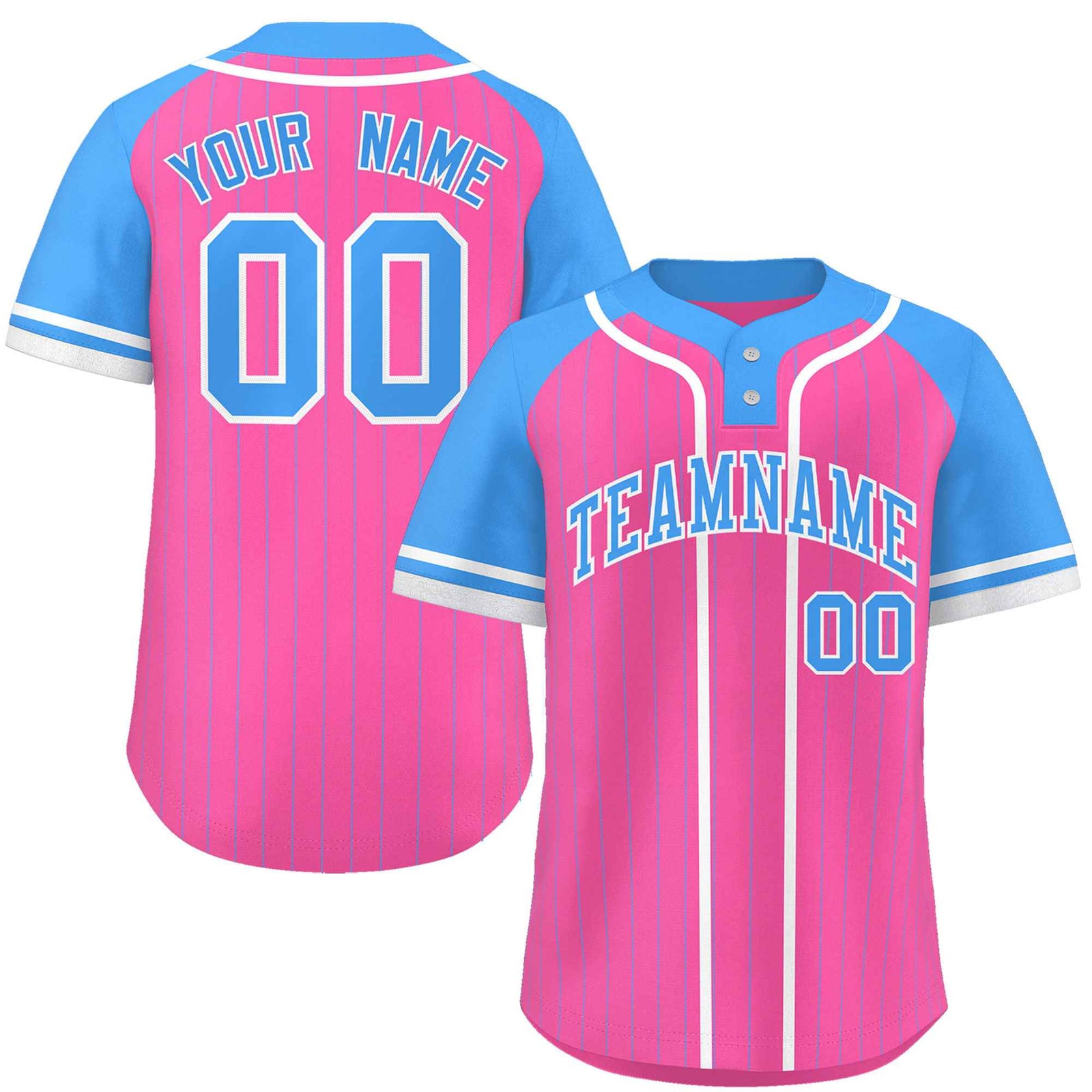 Custom Pink Powder Blue-White Stripe Fashion Raglan Sleeves Authentic Two-Button Softball Jersey