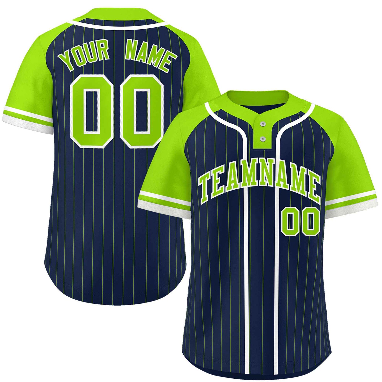 Custom Navy Neon Green-White Stripe Fashion Raglan Sleeves Authentic Two-Button Softball Jersey