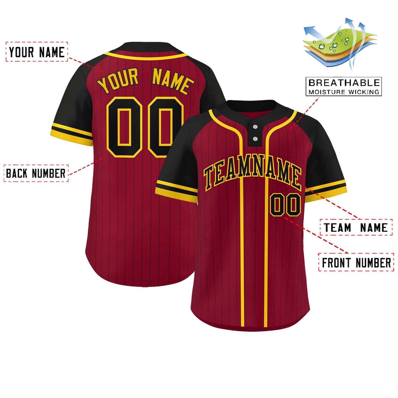 Custom Crimson Black-Gold Stripe Fashion Raglan Sleeves Authentic Two-Button Softball Jersey