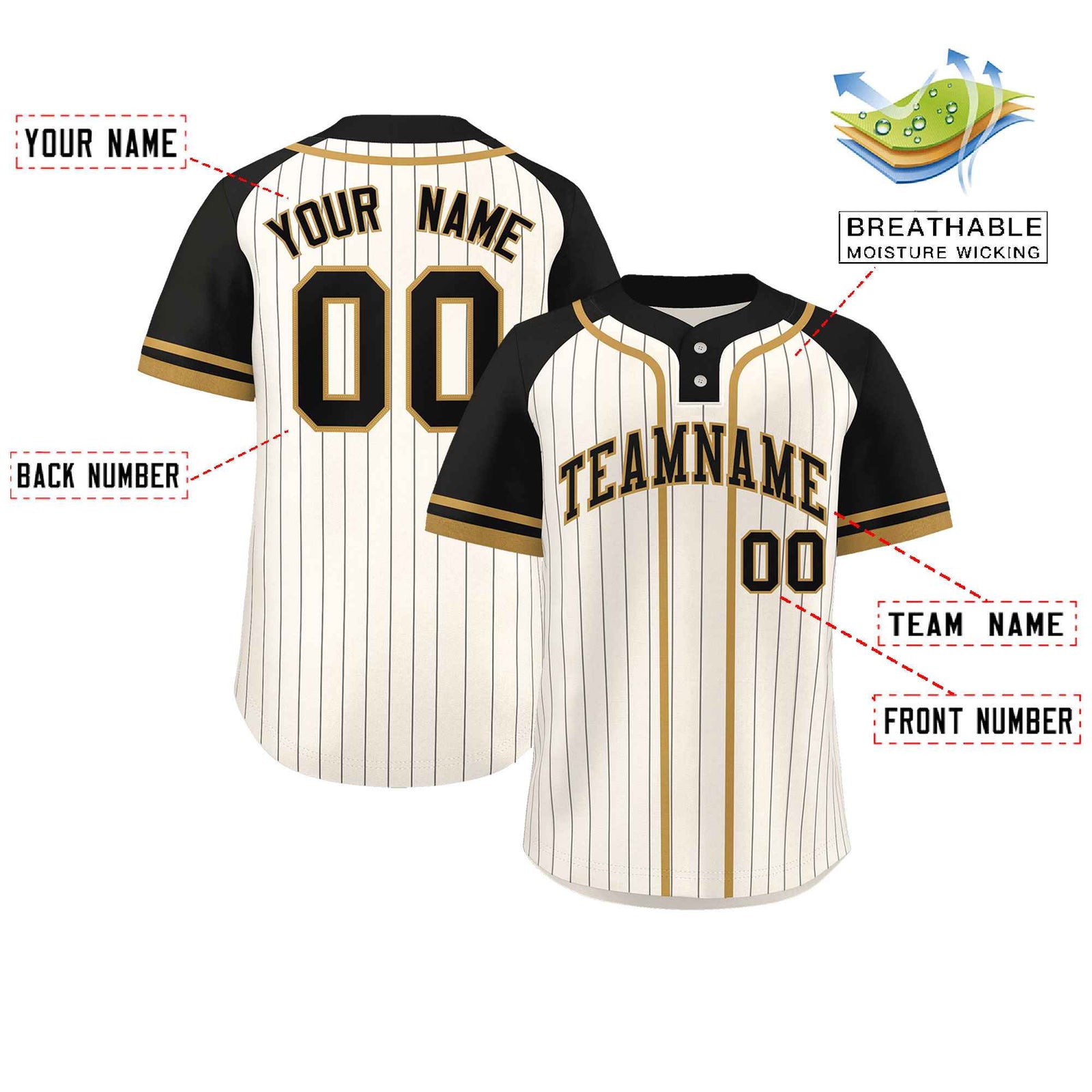 Custom Cream Black-Old Gold Stripe Fashion Raglan Sleeves Authentic Two-Button Softball Jersey