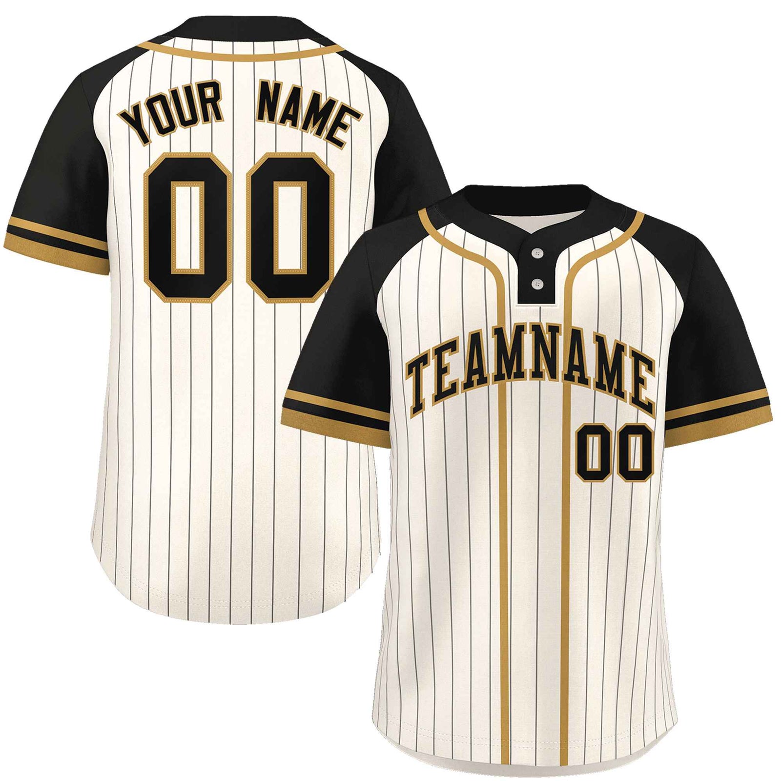 Custom Cream Black-Old Gold Stripe Fashion Raglan Sleeves Authentic Two-Button Softball Jersey
