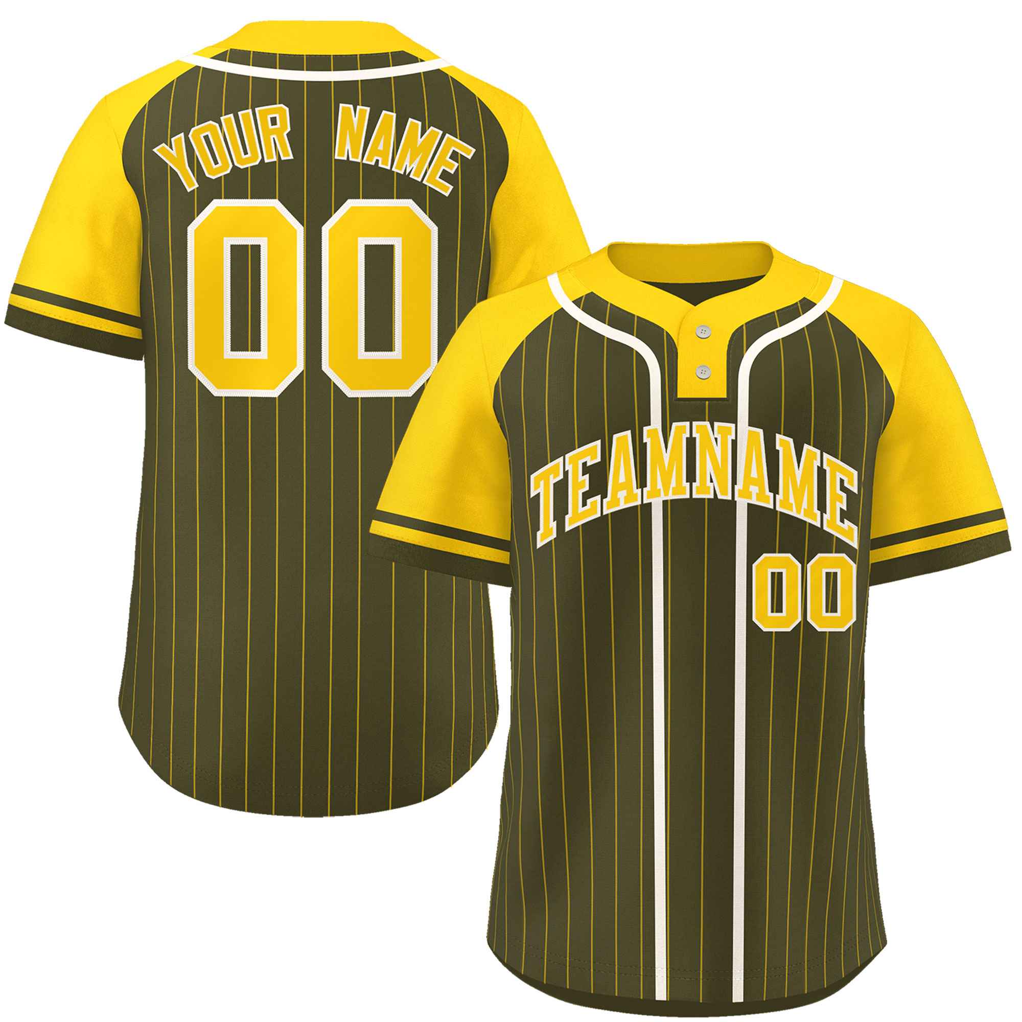 Custom Olive Gold-White Stripe Fashion Raglan Sleeves Authentic Two-Button Softball Jersey