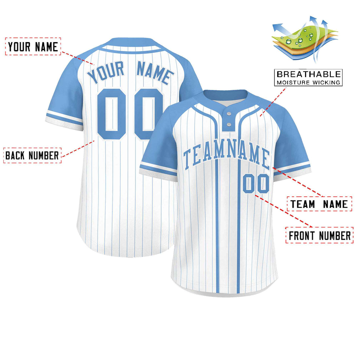 Custom White Light Blue Stripe Fashion Raglan Sleeves Authentic Two-Button Softball Jersey