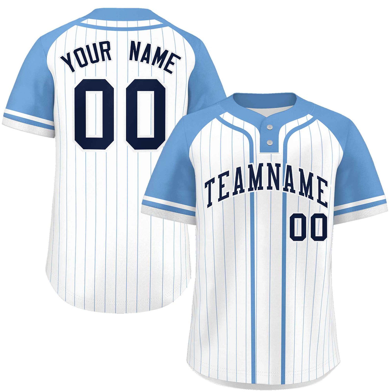 Custom White Light Blue Stripe Fashion Raglan Sleeves Authentic Two-Button Softball Jersey